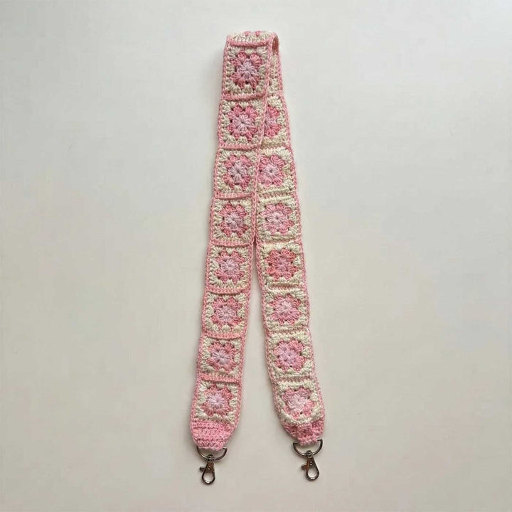 Handmade Crochet Pink Flower Design Cotton Sling Bag Belt