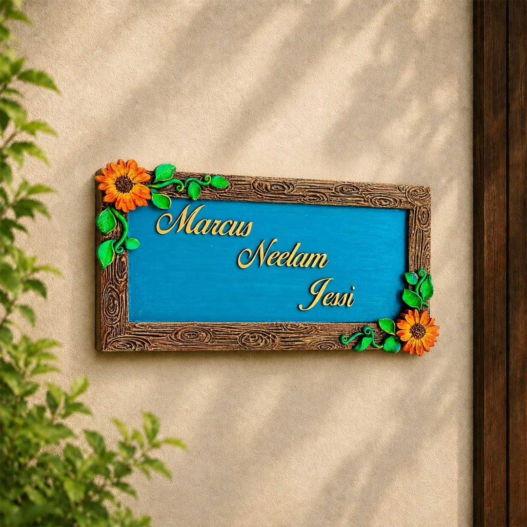 "Blossom on Wood" Personalized Blue Wooden Name Plate With Flower Motif For Home