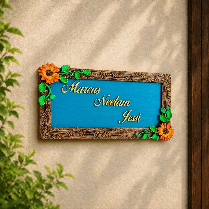 "Blossom on Wood" Personalized Blue Wooden Name Plate With Flower Motif For Home