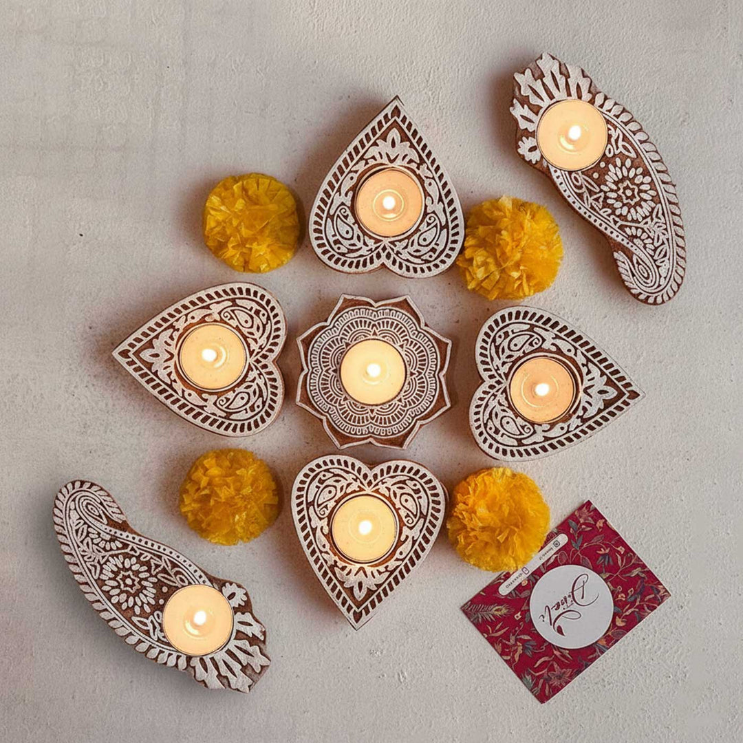 Set of 12 | Handmade Engraved Wooden Tealight Holder