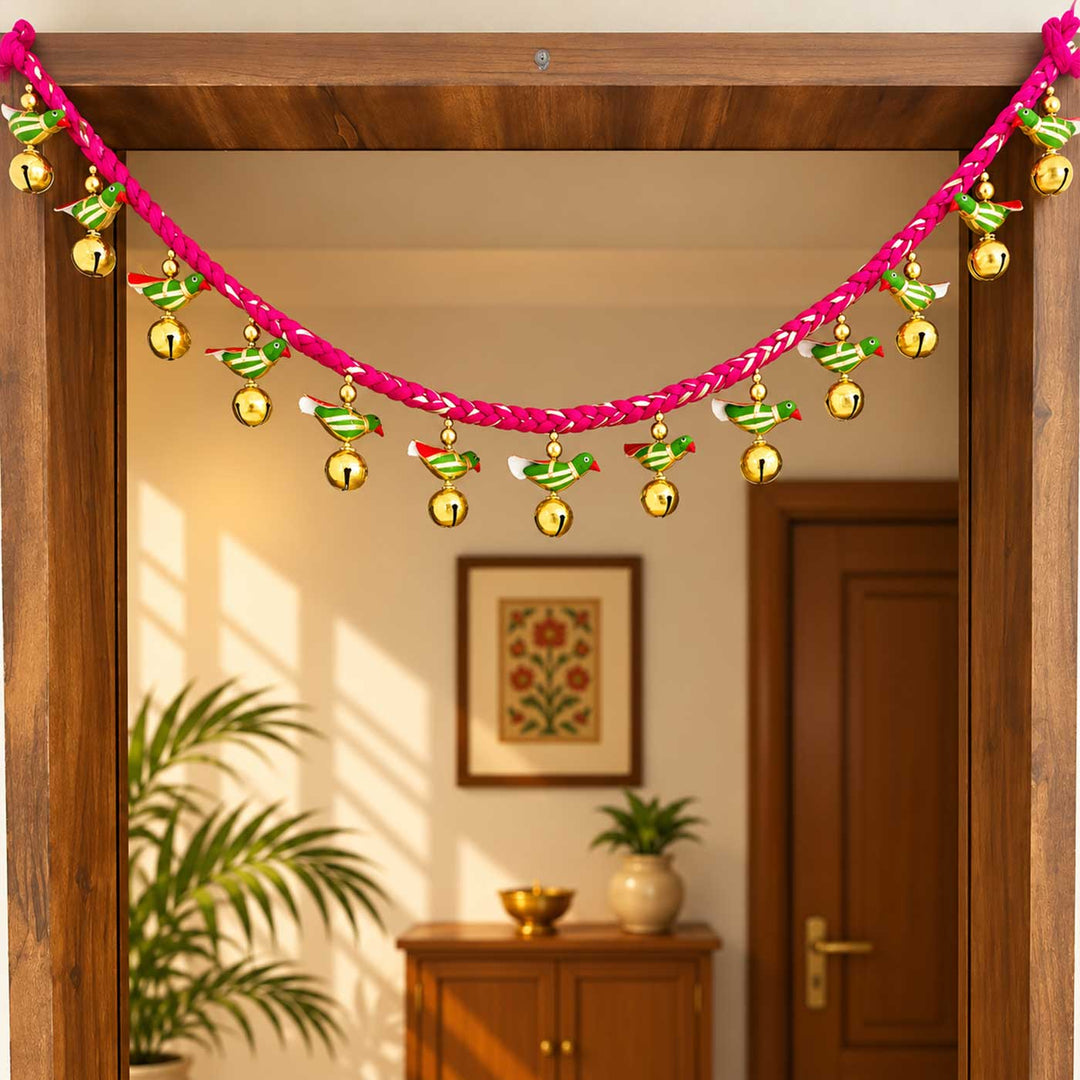Handmade Pink Mauli Thread & Wool Toran With Ghungroo & Parrot For Festive Decor