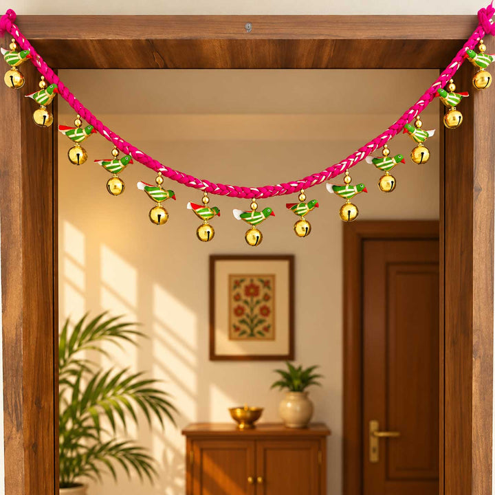 Handmade Pink Mauli Thread & Wool Toran With Ghungroo & Parrot For Festive Decor