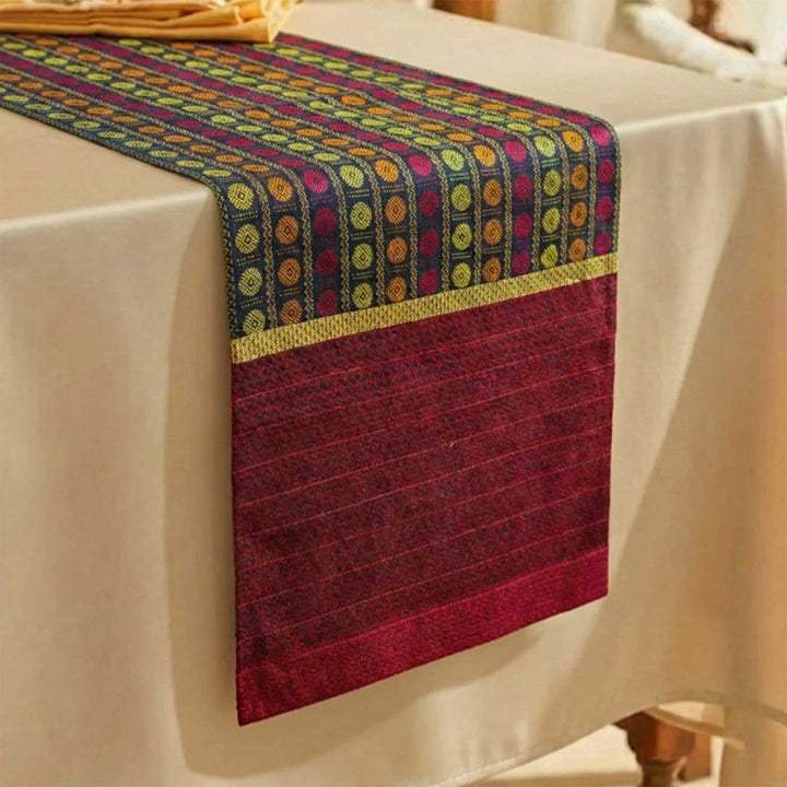 Handmade Colorful Rudraksha Design Khunn Fabric Cotton Table Runner | 13 x 60 Inch