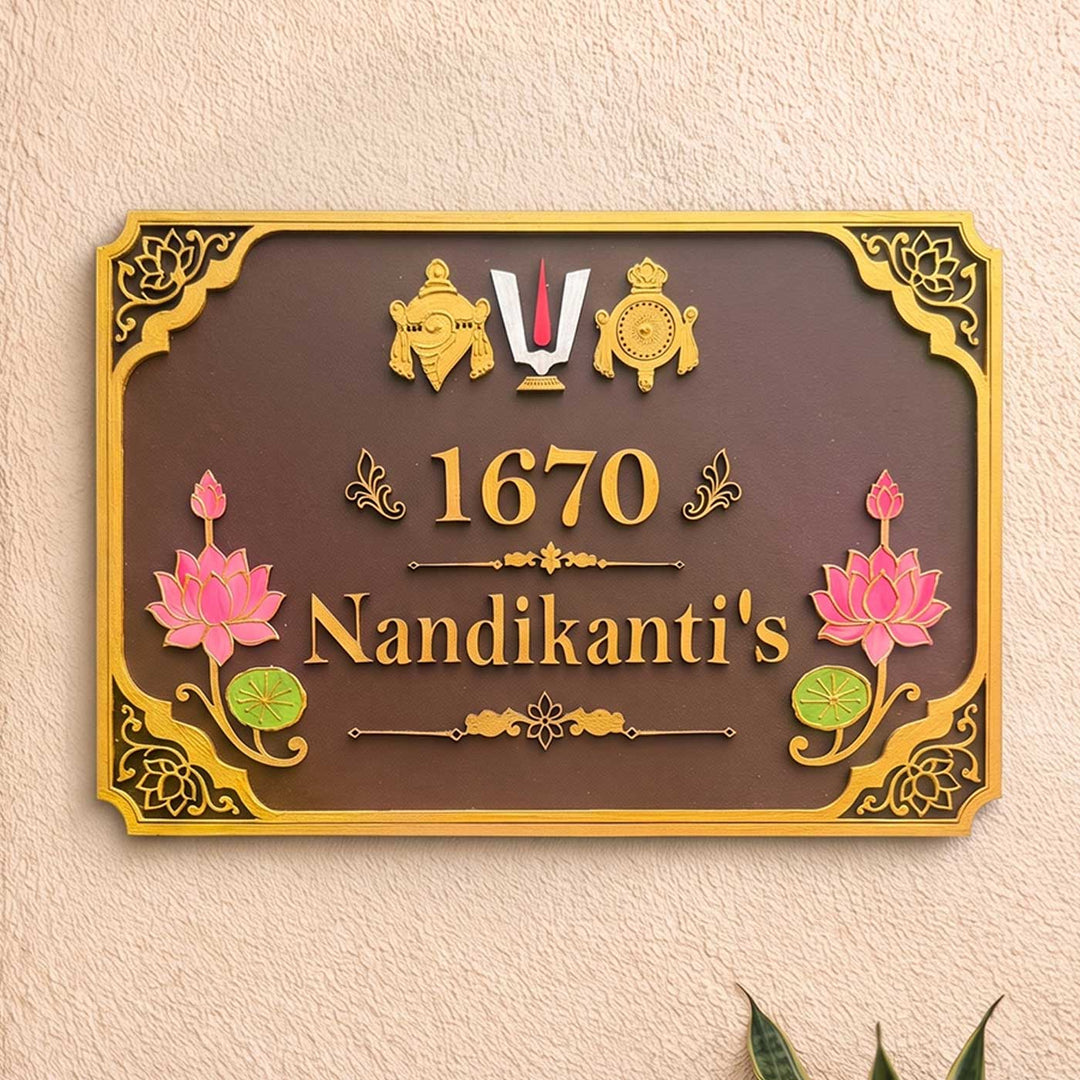 "Shankha Chakra Namam" Handcrafted Personalized Wooden Name Plate For Home
