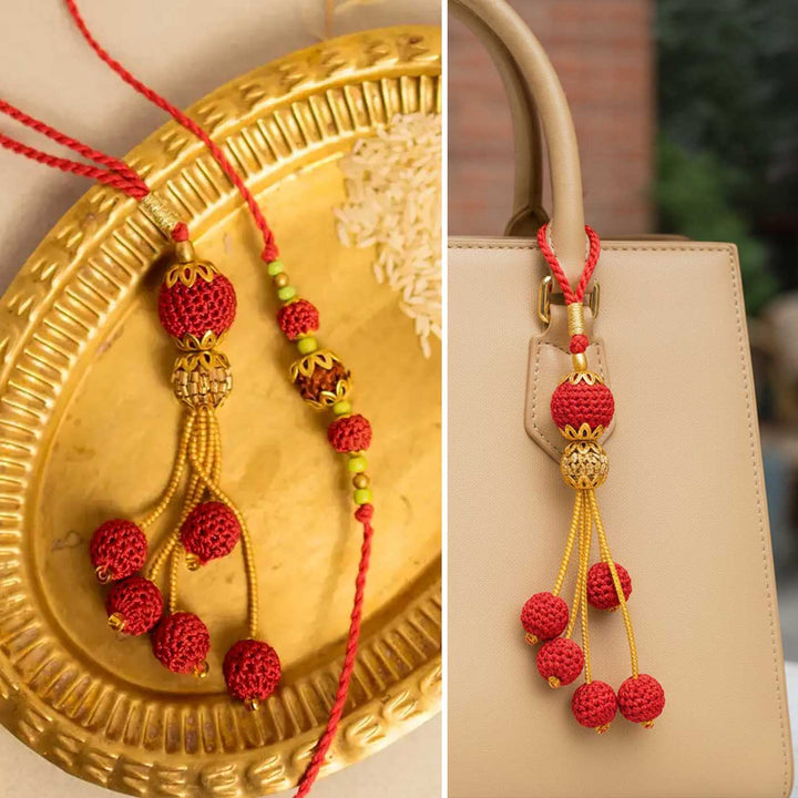 Handmade Crochet Rudraksh Bhaiya Bhabhi Rakhi With Roli Chawal | Set Of 2