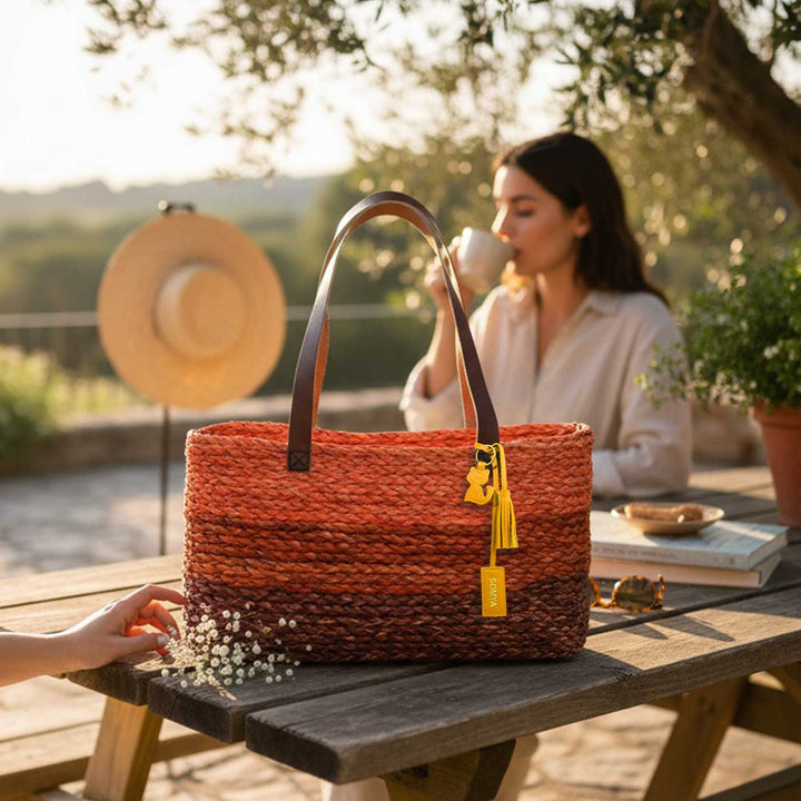 Handmade Grass Woven Three Colored Strips Sabai Mesh Handbag