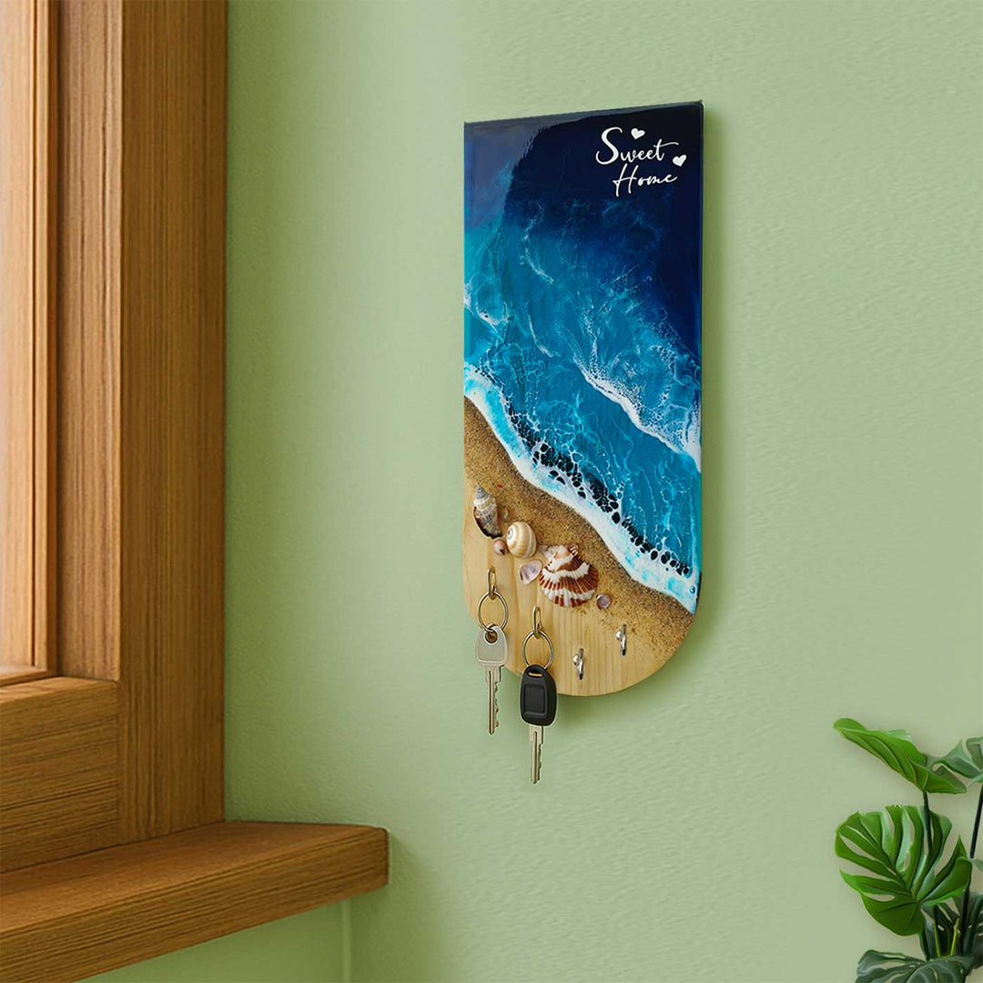 Beach Theme Wood And Resin Key Holder | With 4 Hooks