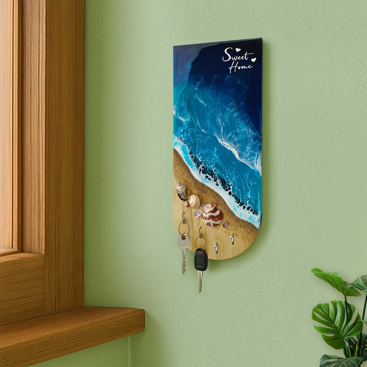 Beach Theme Wood And Resin Key Holder | With 4 Hooks