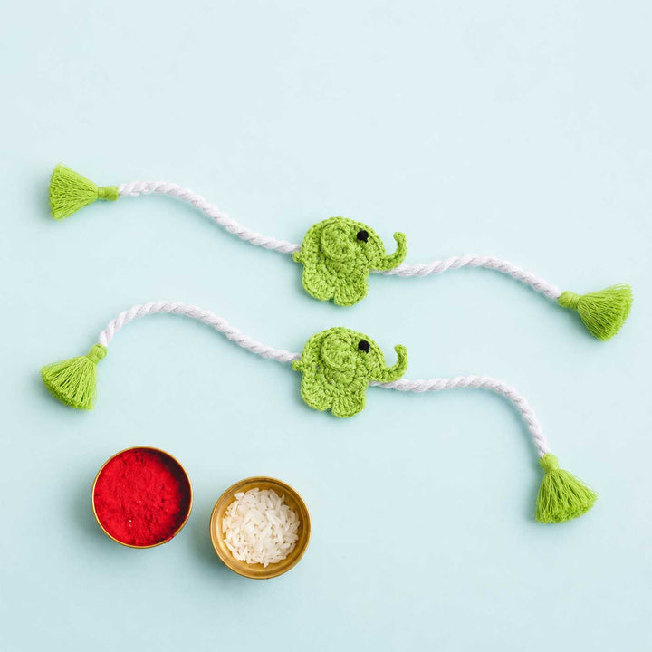 2 Pc | Handmade Crochet Elephant Theme Kids Rakhi With Roli Chawal For Twins