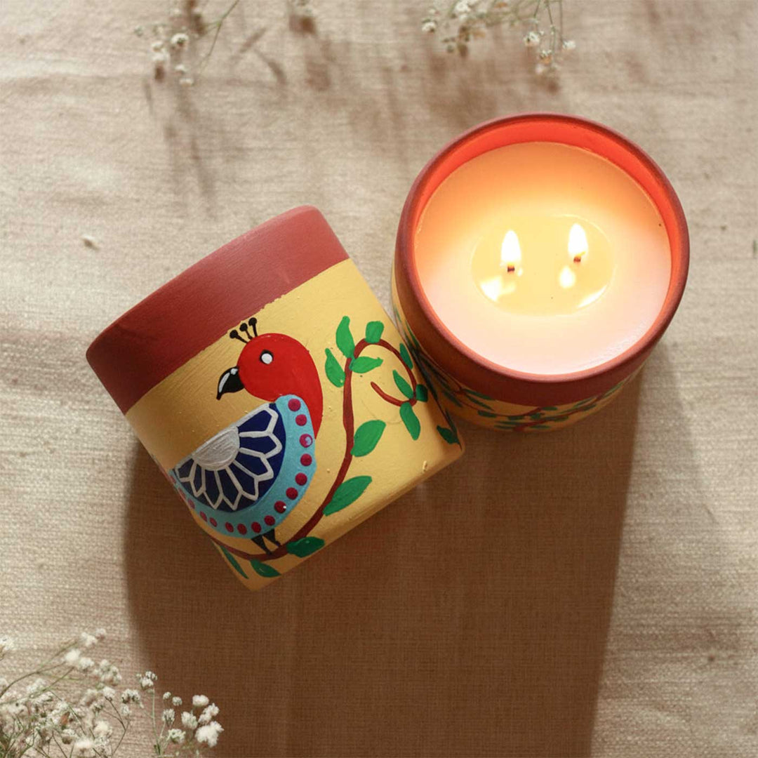 Hand-Painted Small Bird Madhubani Terracotta Candle Jars