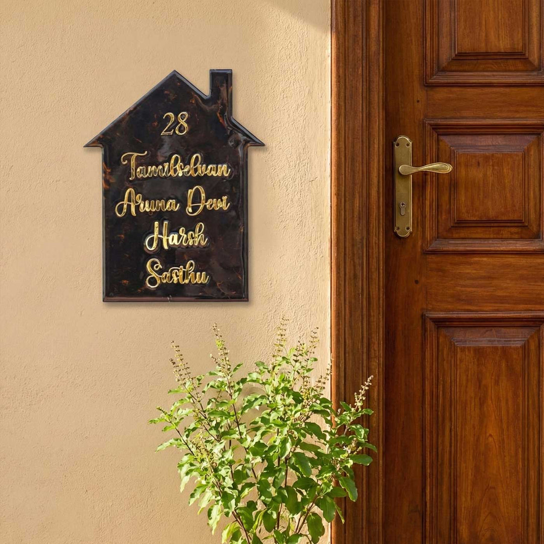 Handmade Resin Black & Gold House Shaped Marbled Name Plate