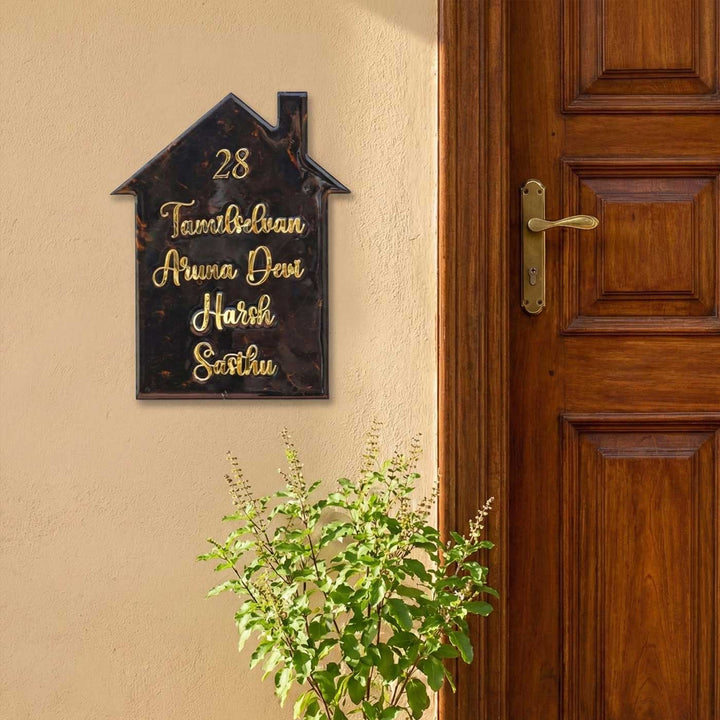 Handmade Resin Black & Gold House Shaped Marbled Name Plate