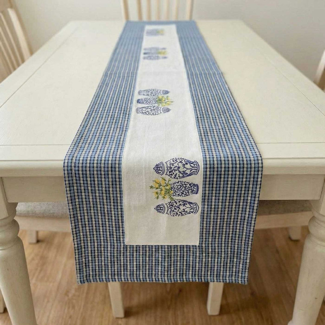 Embroidered White & Blue Pottery Cotton Table Runner