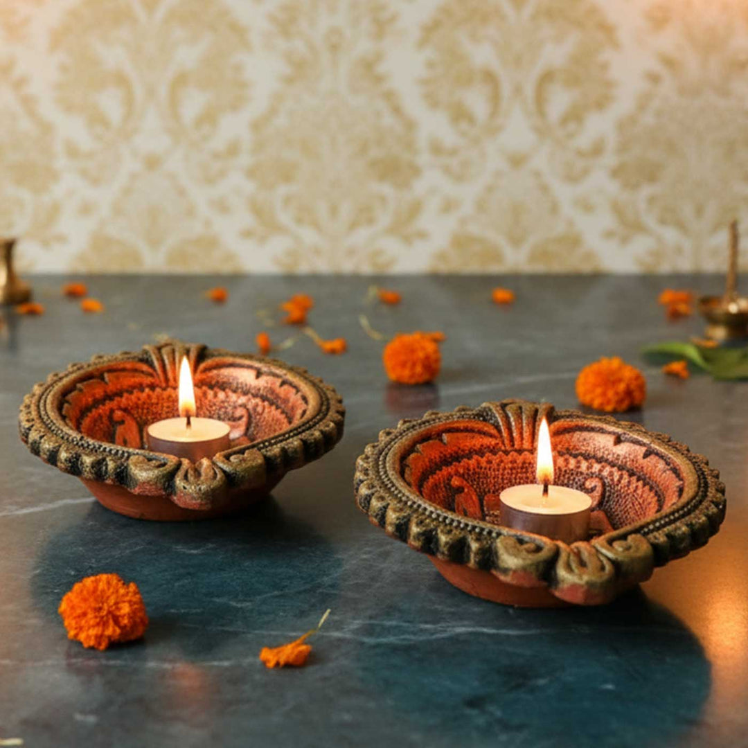 Handmade Large Swastik Terracotta Oil Lamp / Diya | Set Of 2