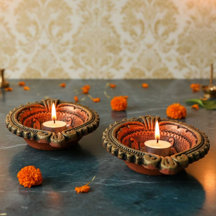 Handmade Large Swastik Terracotta Oil Lamp / Diya | Set Of 2