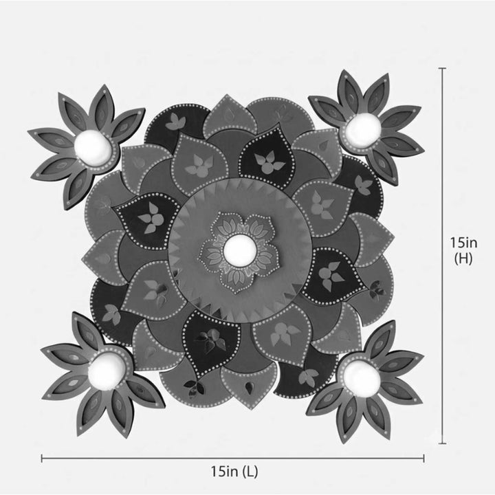 15 Inch Reusable Rangbahar Mirror Work Floral Mandala MDF Rangoli with Optional Tealight Holders