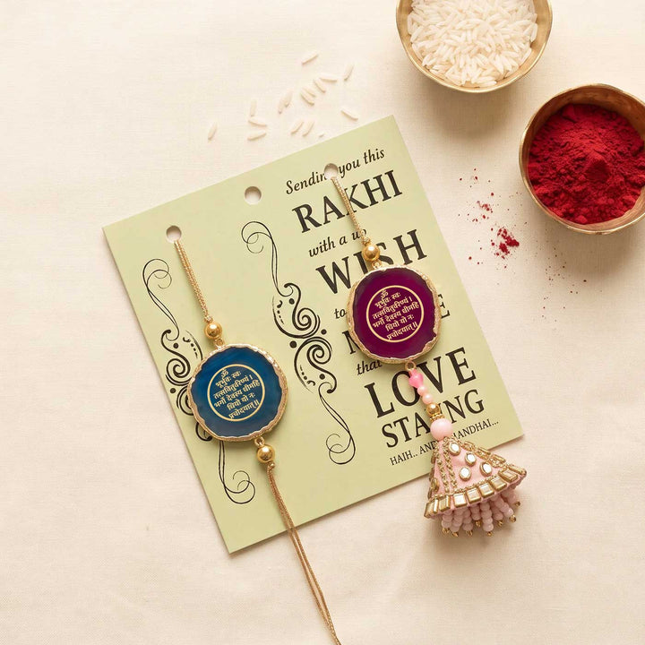 Handmade "Gayatri Mantra" Pink And Blue Premium Agate Bhaiya Bhabhi Couple Rakhi And Lumba Set With Roli Chawal, Nariyal And Gift Box | Set of 2