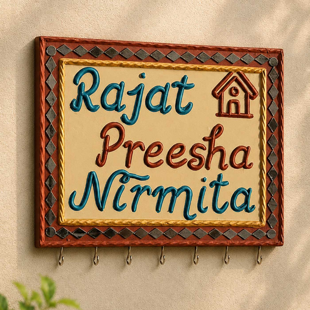 Personalized Handcrafted Lippan Art MDF Name Plate With Key Holder For Home