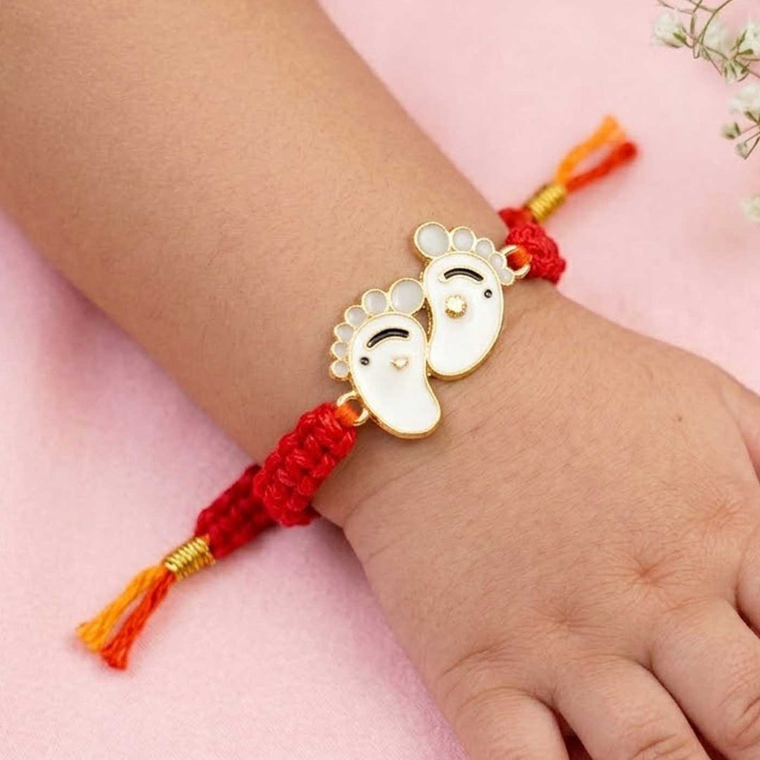 2 Pc | Handmade Macrame Baby Feet Theme Metal Rakhi With Roli Chawal For Twins