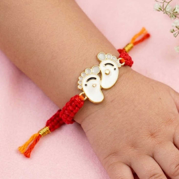 2 Pc | Handmade Macrame Baby Feet Theme Metal Rakhi With Roli Chawal For Twins