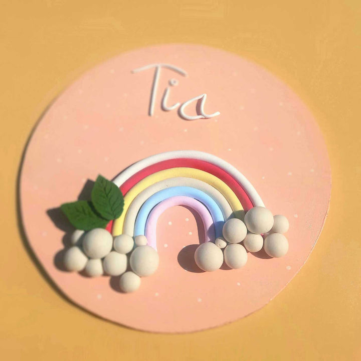 Personalized Pink Rainbow Theme Deco Clay Kids Name Plate