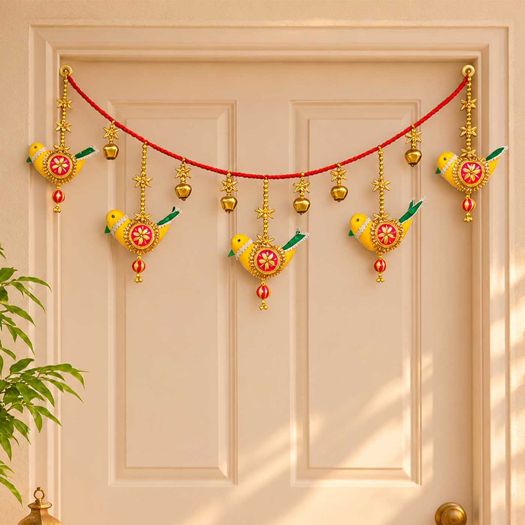 42 Inch | Handcrafted Chidiya Gota Patti Bird Motif Silk Toran with Pearls & Ghungroo