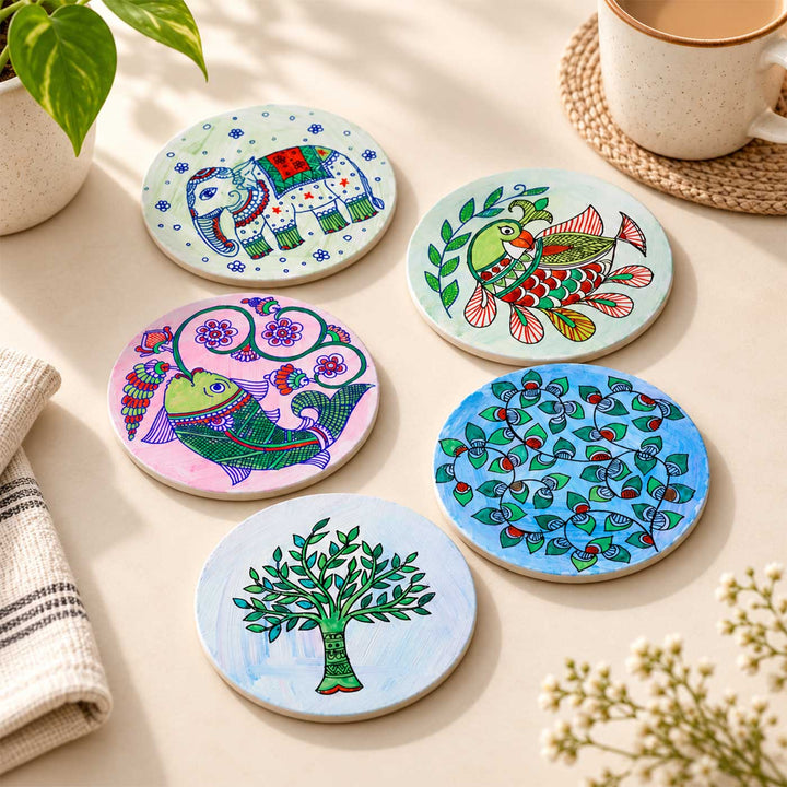 Set Of 5 | Madhubani Inspired Hand-Painted MDF Wood Round Coasters For Coffee Table & Home Hosting
