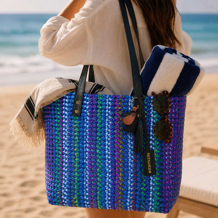 Handmade Vibrant Blue Vertical Striped Wire Koodai Tote Bag
