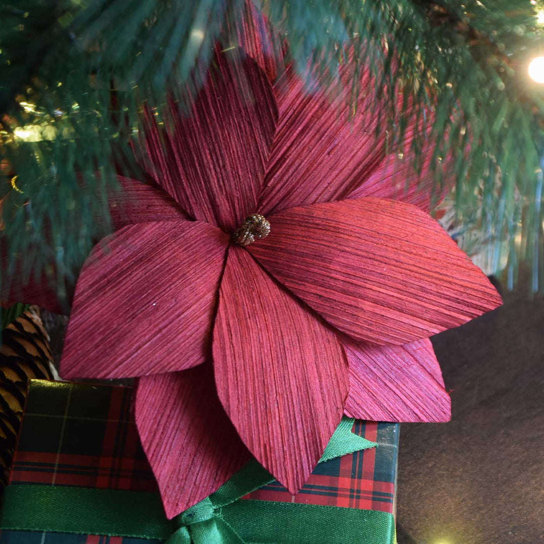 Handmade Areca Nut Red Poinsettia Flower Christmas Ornament