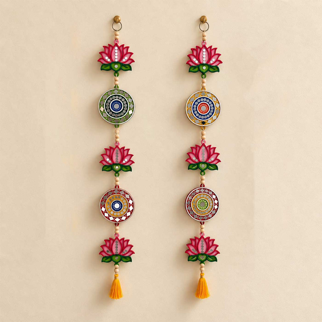 2 pc | Festive Lotus & Twin Mandala Mirror Work Wooden Hanging with Tassel