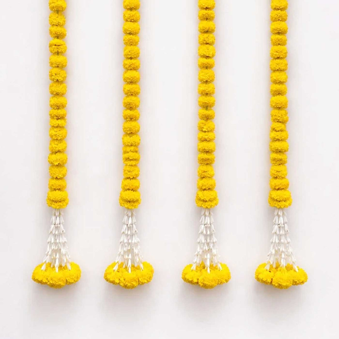 Handcrafted Marigold Yellow Artificial Flower Hangings With Gold Bead Detailing
