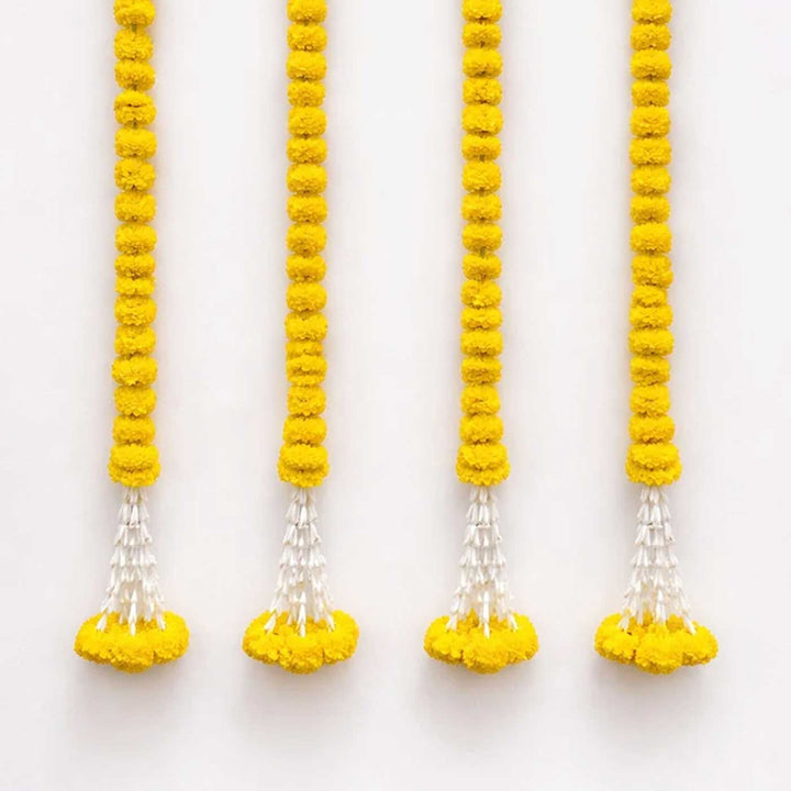 Handcrafted Marigold Yellow Artificial Flower Hangings With Gold Bead Detailing