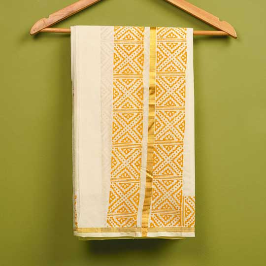 Mandala Motif Dhoti | Hand Block Printed Traditional Kasavu Dhoti With Golden Zari | Onam Special | 3.5m