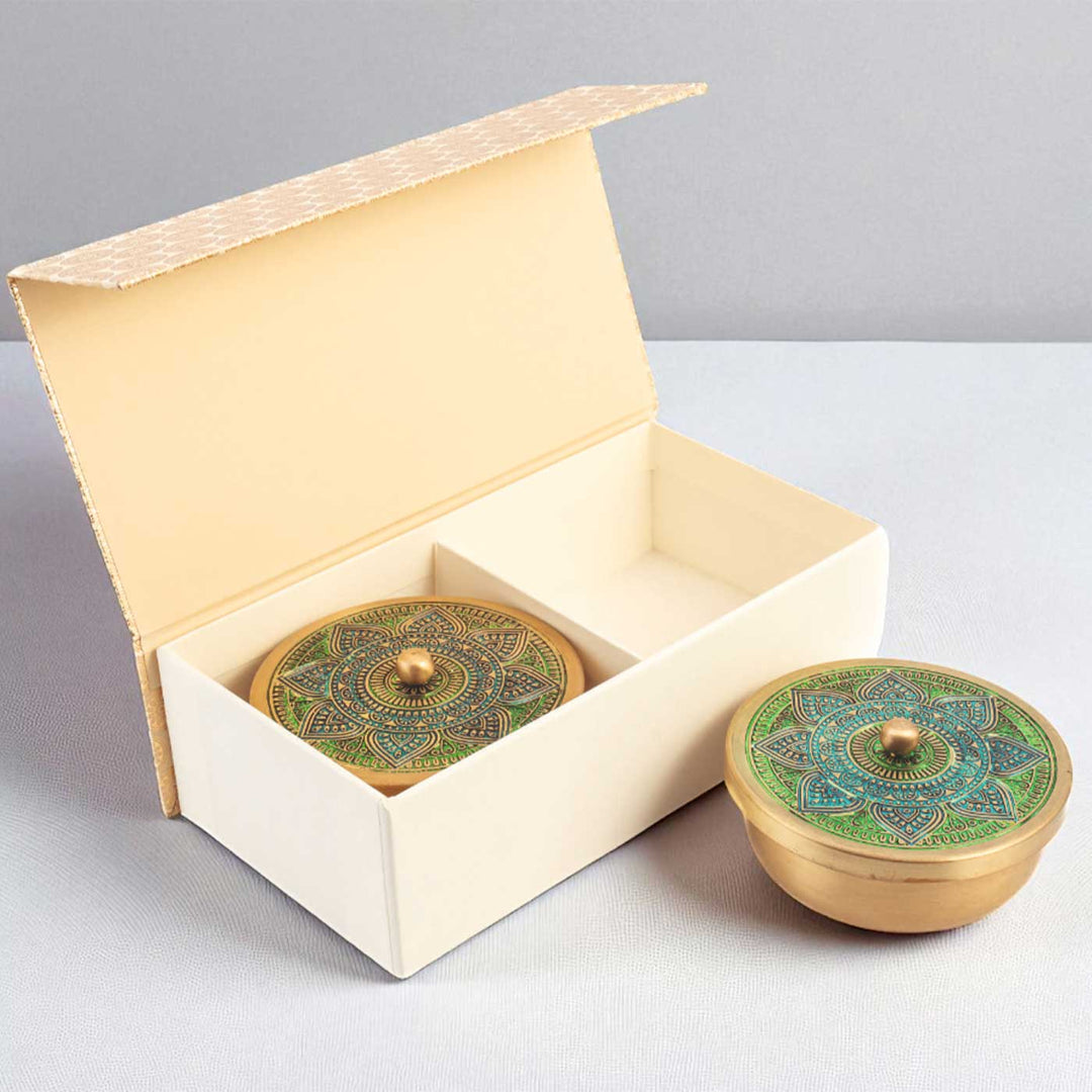 Hand-Painted Vrinda Brass Gift Hamper | Includes 2 Containers And 1 Gift Box