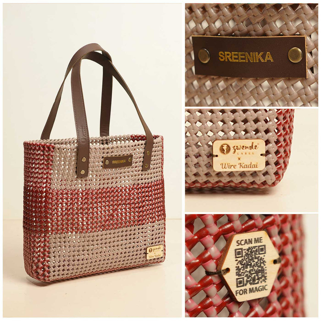 Grey And Brown Horizontal Stripes Handmade Wire Koodai Tote Bag