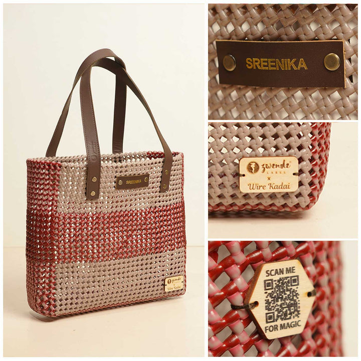 Grey And Brown Horizontal Stripes Handmade Wire Koodai Tote Bag