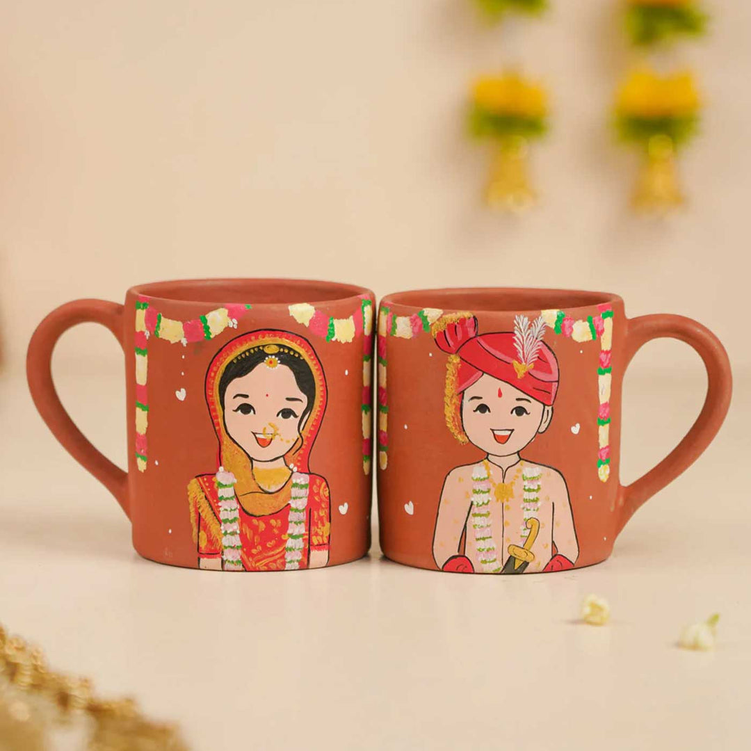 2 Pc | Gujarati Couple Personalized Handpainted Terracotta Mug | 200 ml
