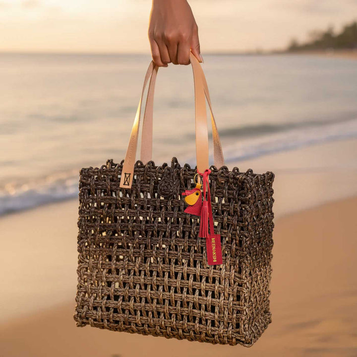 Handmade Grass Woven Rectangular Mesh Leather Strap Black And Gold Sabai Mesh Tote Bag