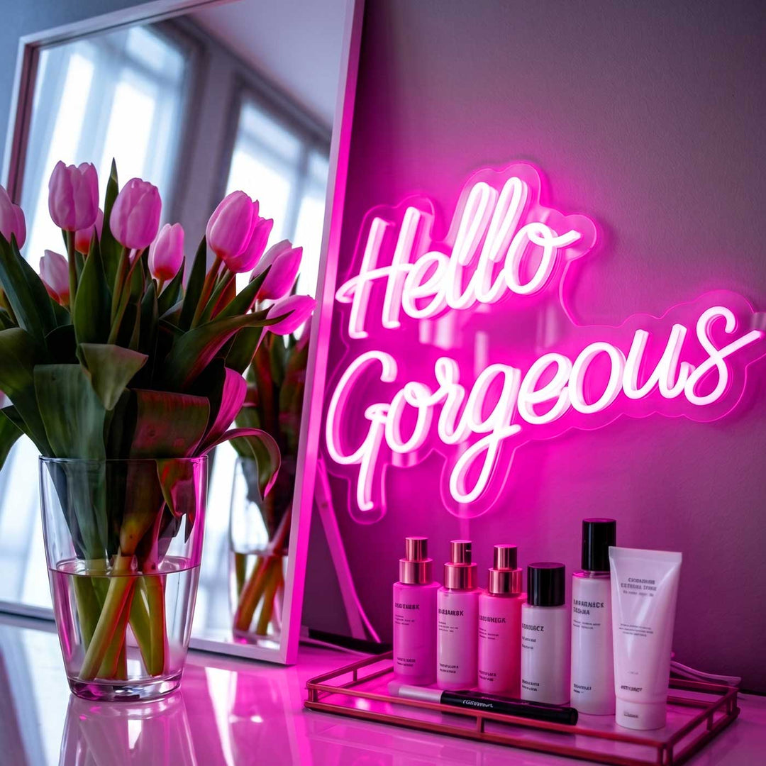 Personalized Handmade "Hello Gorgeous" Neon Light Sign Board For Dressing And Salon Decor