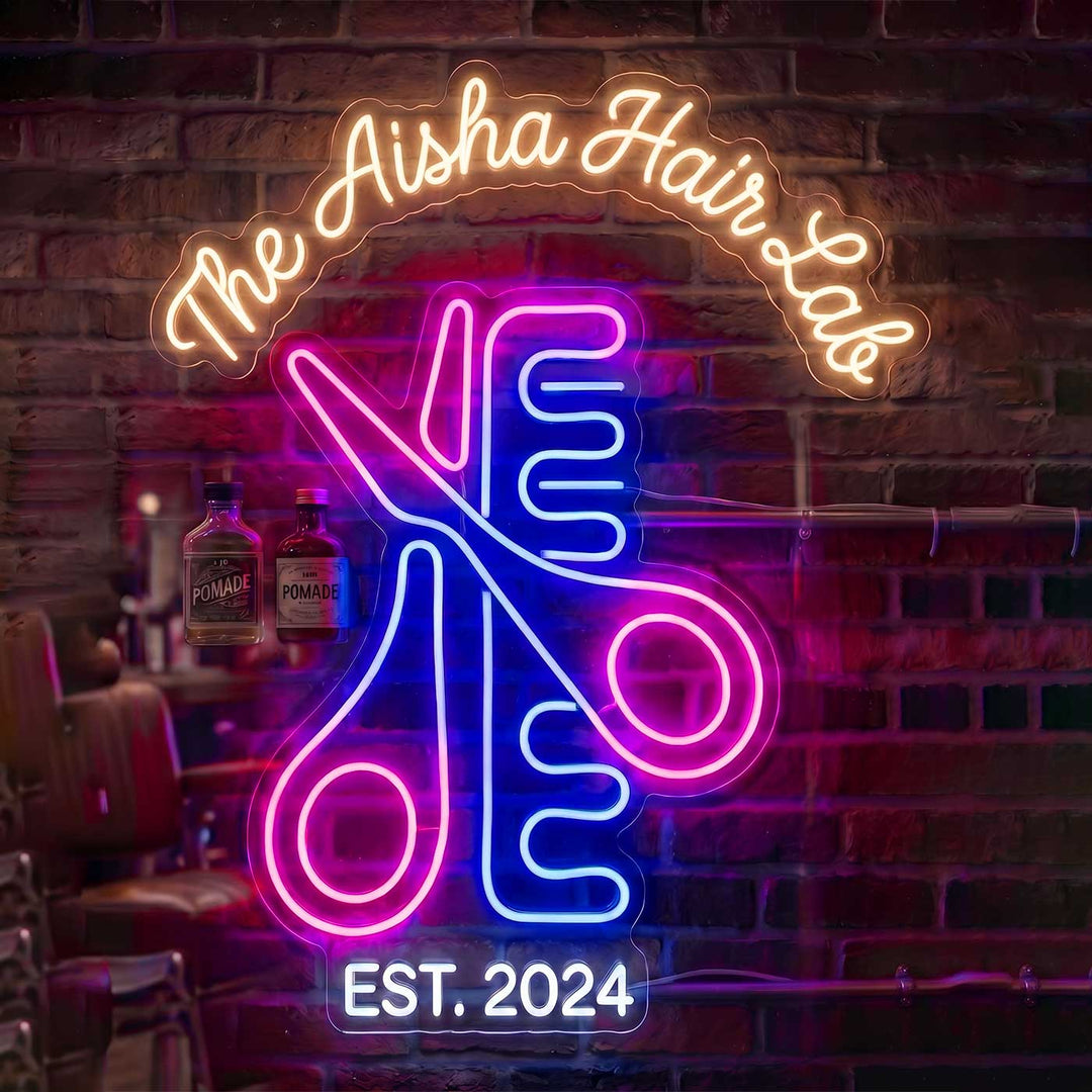 Personalized Hair Salon Neon Light Sign Board With Scissor Comb Motif