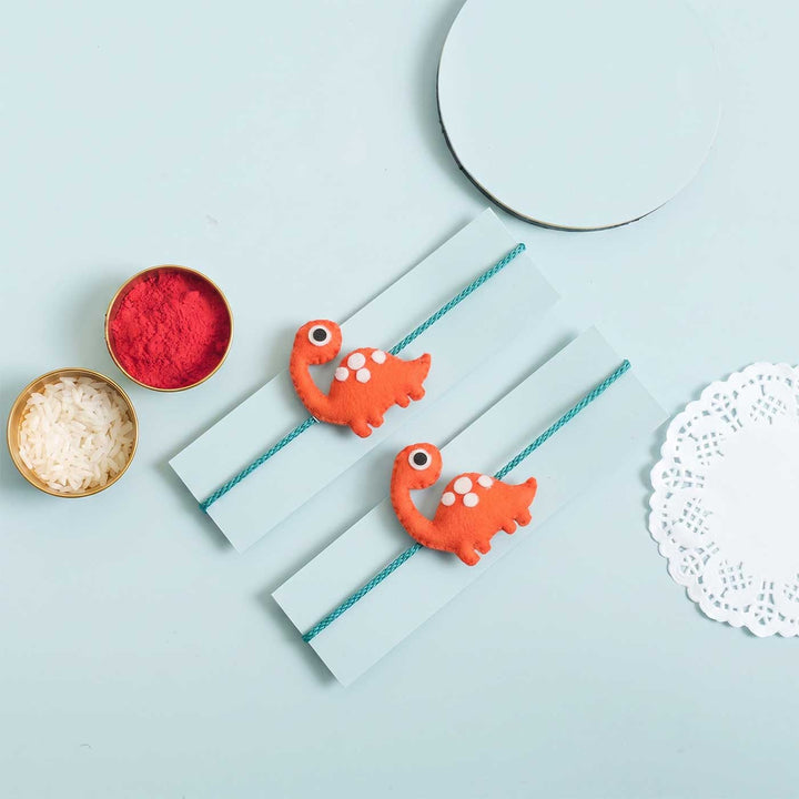 Handmade Dinosaur Felt Kids Rakhi With Roli Chawal For Twins | Set of 2