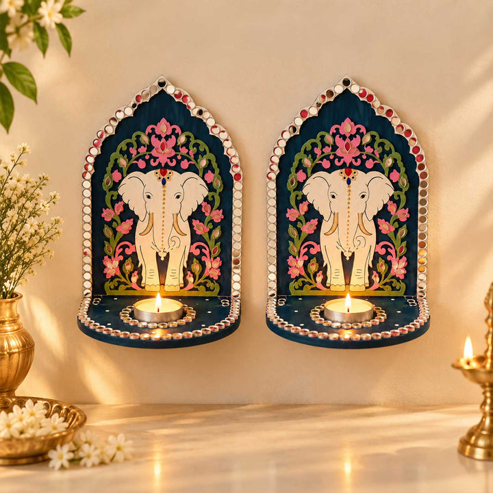 2 pc | Handcrafted Elephant Mirror Work MDF Tealight Holders For Festive Decor