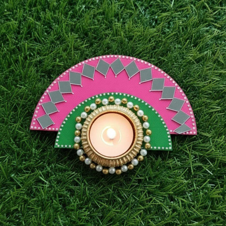 Handmade Mirror Work Semi Circle Wooden Tealight Holder With Tealight Candle | Set Of 4