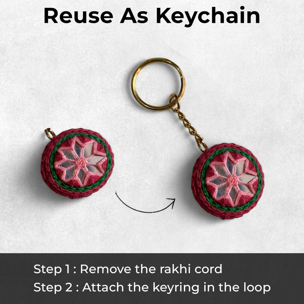 Customized Handmade Mirror Work Cotton Rakhi With Roli Chawal - Reuse as Keychain Instruction