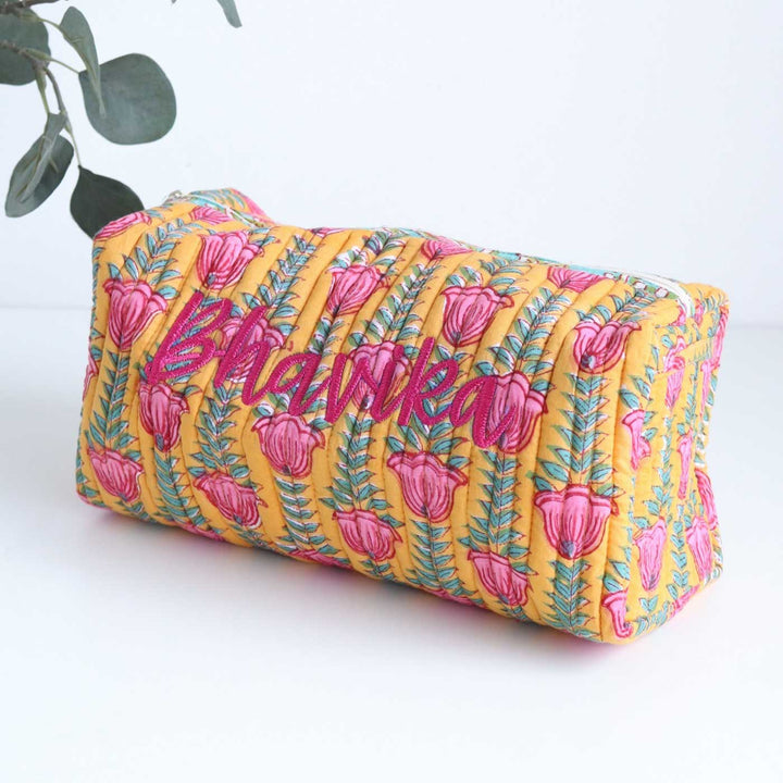 Personalized Block Printed Cotton Cosmetic Pouch