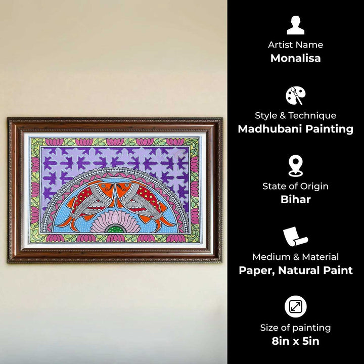 8 x 5 Inch | Duo Fish & Lotus | Original Hand Painted Madhubani Painting On Paper