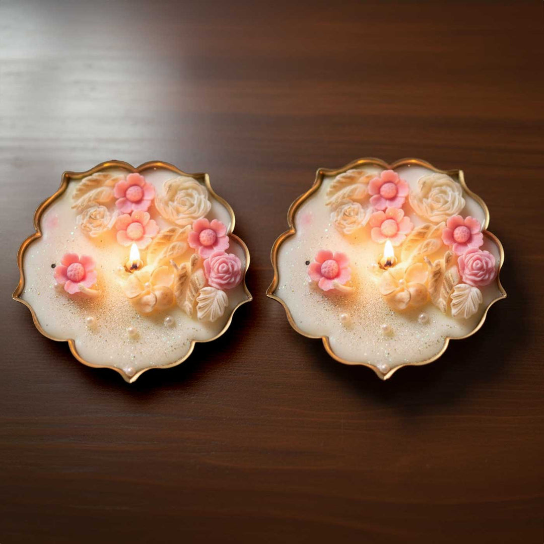 2 Pc | Handmade White And Pink Flower Embed Soy Wax Scented Urli Candle