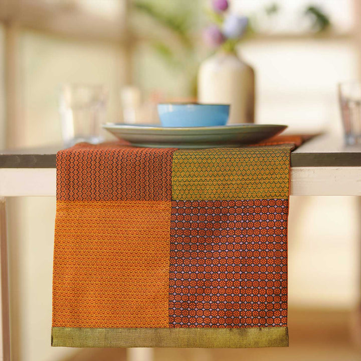 Handmade Orange Geometry Design Khunn Fabric Cotton Table Runner | 12 x 60 Inch