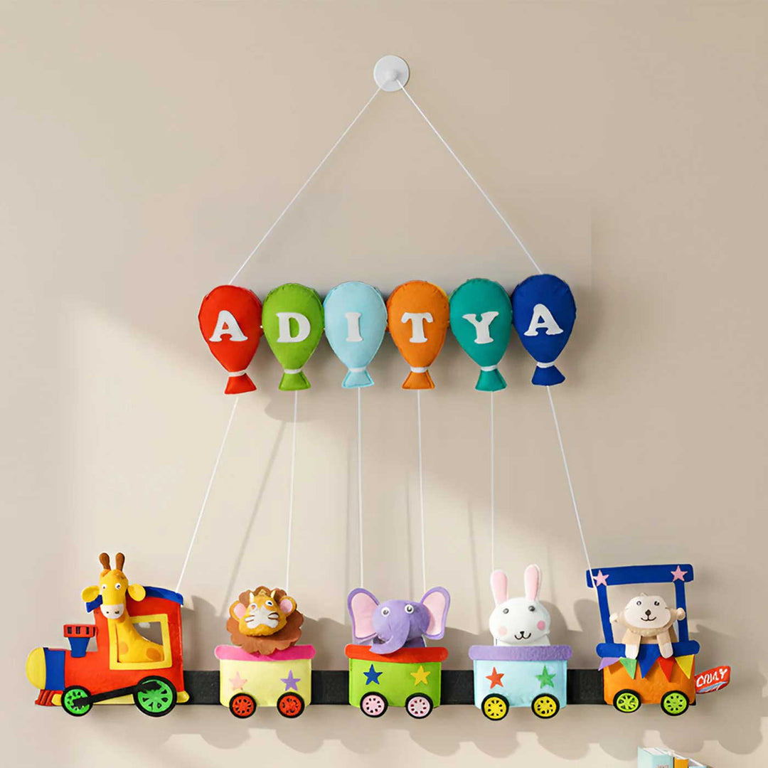 Handcrafted Personalized Felt Name Plate For Siblings | Jungle Animal Train Themed