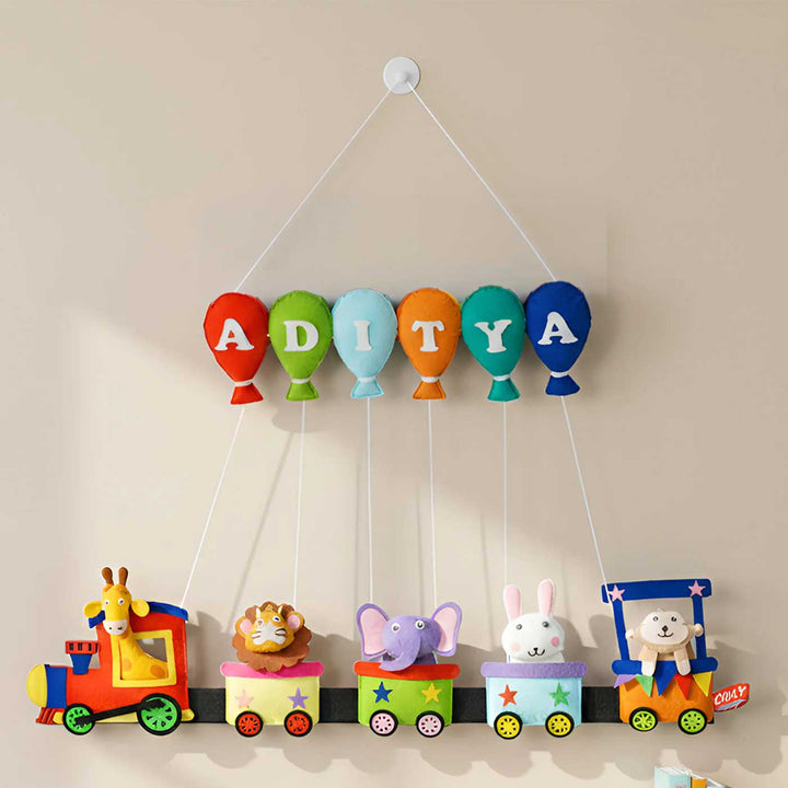 Handcrafted Personalized Felt Name Plate For Siblings | Jungle Animal Train Themed